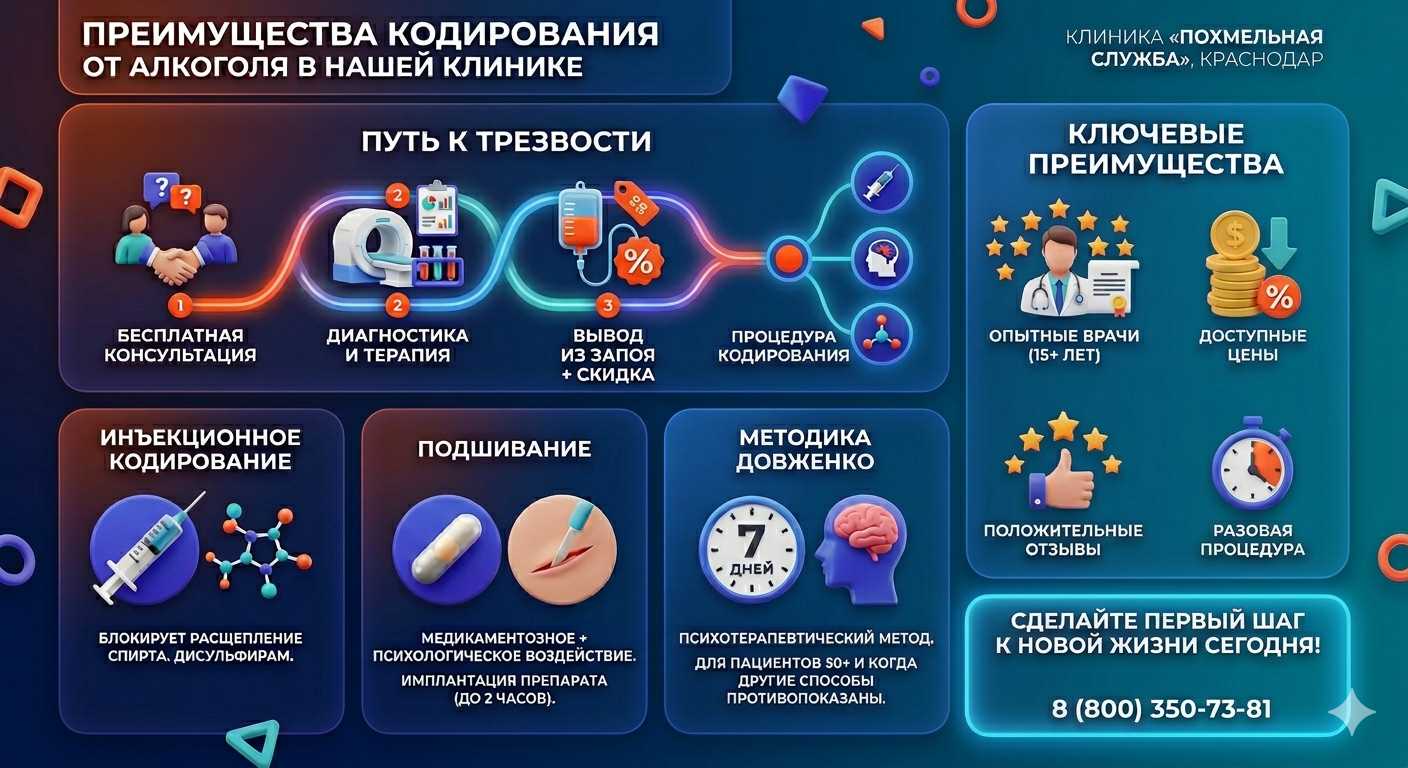 Инфографика о методах кодирования от алкоголя в Алексине: инъекции, подшивание, метод Довженко. Преимущества клиники и этапы лечения.